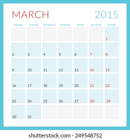 Calendar 2015 vector flat design template. March. Week starts Monday