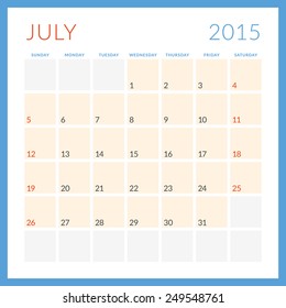 Calendar 2015 vector flat design template. July. Week starts Sunday