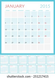 Calendar 2015 vector flat design template. Set of 12 months. Week starts Monday