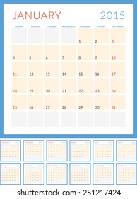 Calendar 2015 vector flat design template. Set of 12 months. Week starts Sunday