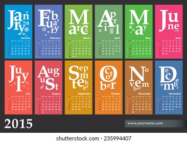 Calendar 2015 - vector template design, multicolored. Weeks begins sunday.