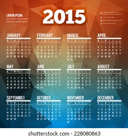 Calendar 2015 vector template week starts monday all month