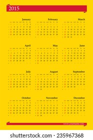 Calendar 2015, vector template. Week begins sunday. Editable EPS 10.