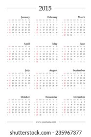 Calendar 2015, vector template. Week begins sunday. Editable EPS 10.