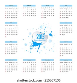 Calendar for 2015 with white cloud, snowflakes and blots and drops. vector