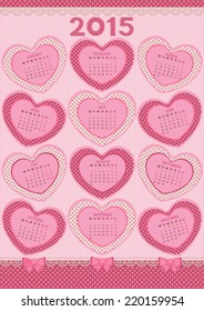 Calendar 2015 Year. Adorable pink background with hearts shaped. Colorful vector illustration.