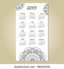 calendar 2015 year design, English, Sunday start, with mandala round ornament