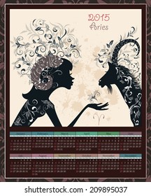 Calendar for 2015 year with a goat and Zodiac sign aries. fashion girl