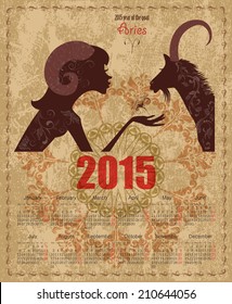 Calendar for 2015 year with a goat and Zodiac sign aries. fashion girl with vintage background