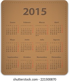 Calendar for 2015 year on brown leather background in Spanish. Vector illustration