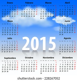Calendar for 2015 year in Spanish with clouds in the blue sky. Mondays first. Vector illustration