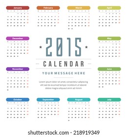 Calendar 2015 year vector design template. European version. 