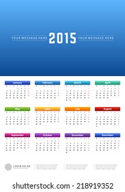 Calendar 2015 year vector design template. European version. 