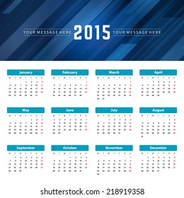 Calendar 2015 year vector design template. European version. 