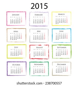 Calendar 2015.Months in color grunge frames.Stock vector.