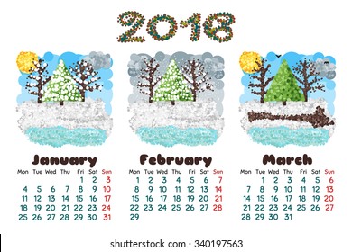 calendar 2016 1 quarter of the year, nature round low poly pixel art
