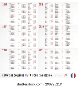 Calendar 2016 2017 2018 2019 2020 2021 years vector Set in French.Cells three columns and four rows. Week starts monday. Holidays are not marked. Inscription means CMYK Color ready for Press in French
