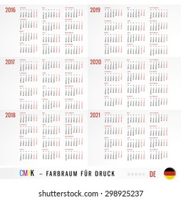 Calendar 2016 2017 2018 2019 2020 2021 years vector Set in German. Cells 3 columns and 4 rows. Week starts monday. Holidays are not marked. Inscription means CMYK Color ready for Press in German. 