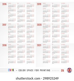 Calendar 2016 2017 2018 2019 2020 2021 years vector Set in English. Week starts monday. National holidays are not marked. Cells three columns and four rows