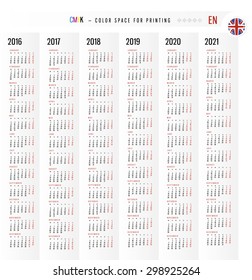 Calendar 2016 2017 2018 2019 2020 2021 years vector Set in English. Week starts monday. National holidays are not marked. Symbol of the national flag included