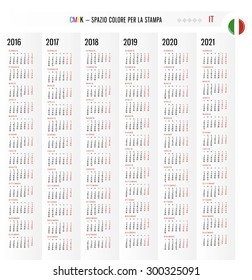 Calendar 2016 2017 2018 2019 2020 2021 years vector Set in Italian. Week starts monday. Holidays are not marked. Inscription means CMYK Color ready for Press in Italian