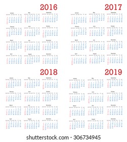 Calendar 2016, 2017, 2018, 2019  vector illustration 