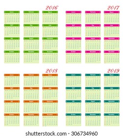 Calendar 2016, 2017, 2018, 2019  vector illustration 