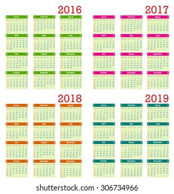 Calendar 2016, 2017, 2018, 2019  vector illustration 