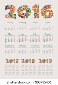 Calendar  2016, 2017, 2018, 2019 year. Week starts from monday. Vector illustration