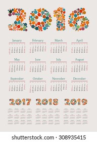 Calendar  2016, 2017, 2018, 2019 year. Week starts from sunday. Vector illustration.