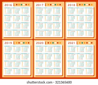 Calendar 2016 2017 2018 2019 2020 2021 years vector Set in English. Week starts sunday. Holidays are not marked. Cells three columns and four rows