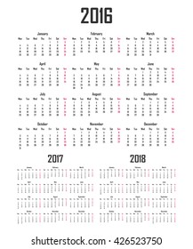 Calendar for 2016, 2017 and 2018. Week starts on Monday. 