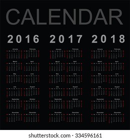 Calendar for 2016, 2017 and 2018 year, vector