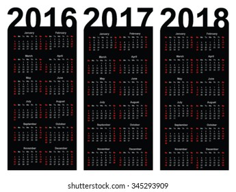 Calendar for 2016, 2017 and 2018 year, vector