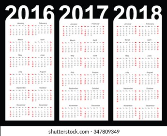 Calendar for 2016, 2017 and 2018 year, vector