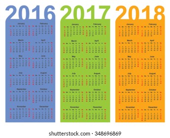 Calendar for 2016, 2017 and 2018 year, vector