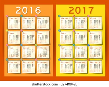 Calendar 2016, 2017 in English. Frames keep colored pins. Calendar Week starts monday. Holidays are not marked, the blank for Your Design. 