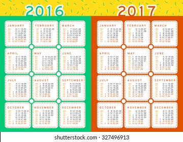 Calendar 2016, 2017 in English vector template. Bright calendar, easy to read symbols. Week starts monday. Holidays are not marked, the blank for Your Design. 