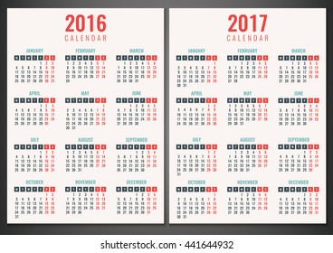 Calendar for 2016 and 2017. Week Starts Monday. Simple Vector Template