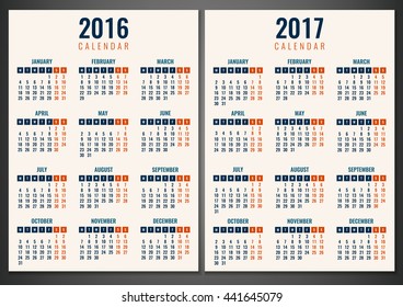 Calendar for 2016 and 2017. Week Starts Monday. Simple Vector Template