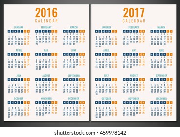 Calendar for 2016 and 2017. Week Starts Monday. Simple Vector Template