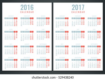 Calendar for 2016 and 2017. Week Starts Monday. Simple Vector Template