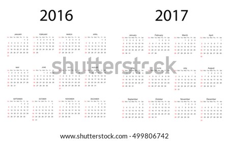 Calendar for 2016 and 2017.Week starts from sunday.