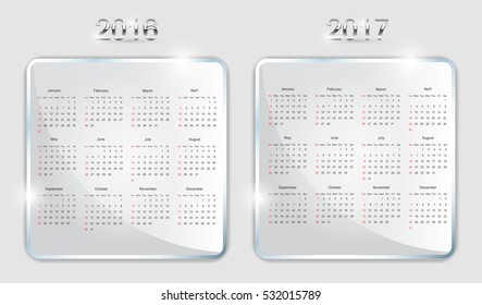 Calendar for 2016 and 2017.Week starts from sunday.Vector illustration.