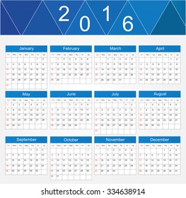 Calendar 2016. Abstract calendar for 2016.Week starts from sunday.Vector illustration.