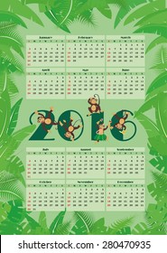 Calendar for 2016 amid tropical foliage with monkeys