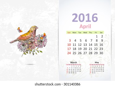 Calendar for 2016, april
