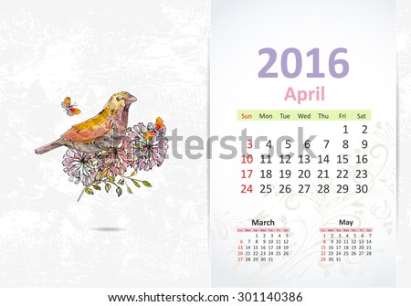 Calendar for 2016, april