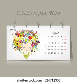 Calendar 2016, april month. Season girls design. Vector illustration