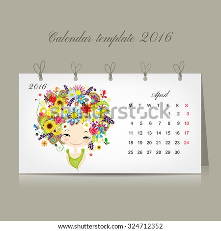 Calendar 2016, april month. Season girls design. Vector illustration